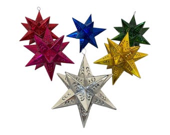 6 Mexican Christmas Ornament Tin Metal Star Tree Hanging Decorations – Assorted Colors