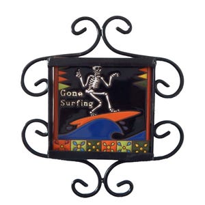 Day of the Dead Skeleton 6x6 Mexican Tile with Metal Frame Skull Surfing #3010
