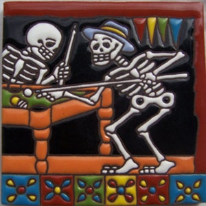 Handcrafted Day of the Dead Skeleton Tile Skull Playing Pool Talavera Mexican Decorative Hand Painted 6x6 High Relief Ceramic Tile  #3022