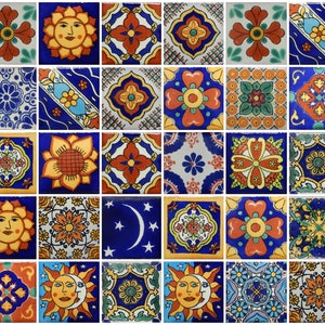 50 Hand Painted Mexican Talavera Tiles 2&quot; X 2&quot; Tiles Folk Art Handmade Mixed Designs