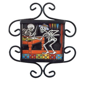 Day of the Dead Skeleton 6x6 Mexican Tile with Metal Frame Skull Playing Pool #3022