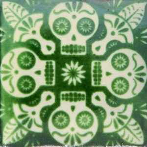 Talavera Mexican Hand Painted Tile Folk Art Sample Tile 4x4 C397 Day of the Dead Green