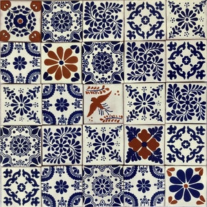 100 Pieces Mexican Talavera Tiles Handmade Blue & Terracotta Mixed Designs Mexican Ceramic 4x4 inch # 2