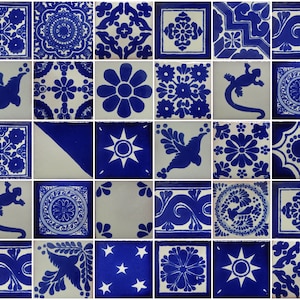 50 Hand Painted Mexican Talavera Tiles 2&quot; X 2&quot; Tiles Folk Art Handmade Blue and white