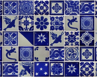 50 Hand Painted Mexican Talavera Tiles 2" X 2" Tiles Folk Art Handmade Blue and white