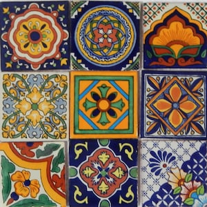 9 Handmade Mexican Talavera Tiles – 4x4” Ceramic Tiles – Vibrant & Hand-Painted # W140