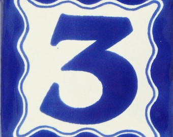 Mexican Tile House Numbers Address Numbers Ceramic House Number Talavera Number Wedding Table Numbers Blue 4x4 THREE