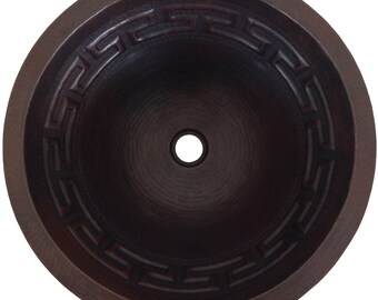 Round Hammered Copper Bathroom Sink 17" Bath Sink Pure Copper Hand Hammered Dark Meander Greek Key CPS-023