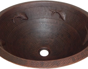 Round Hammered Copper Bathroom Sink 18.5" Bath Sink Pure Copper Hand Hammered Dark Fish CPS-038