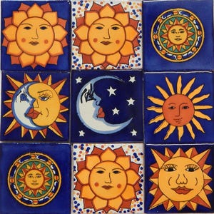 9 Handmade Mexican Talavera Tiles – 4x4” Ceramic Tiles – Vibrant & Hand-Painted Sun Moon