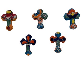 Set of 5 Hand-Painted Mexican Talavera Ceramic Cross Magnets – Colorful Artisan Decor # 109