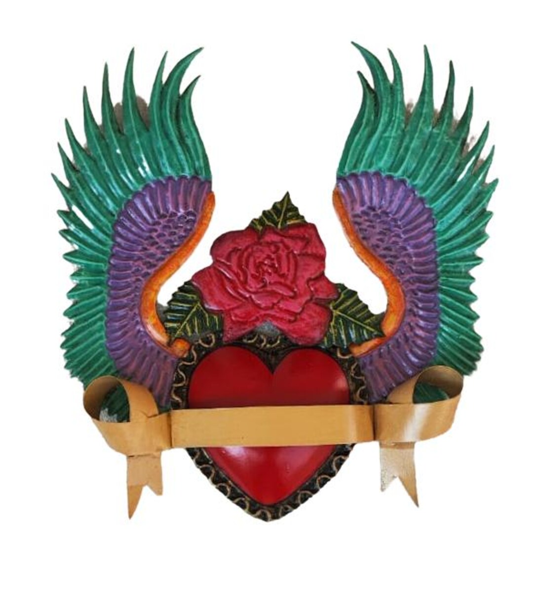 Mexican Metal Heart With Wings Rose and Ribbon – Wall Hanging Hand ...