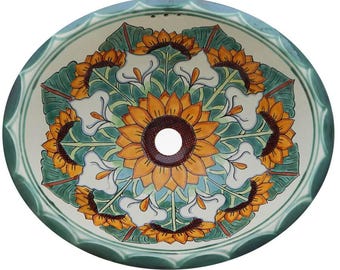 16” X 11.5” Talavera Mexican Sink Hand Painted Drop-In Folk Art Bathroom Ceramic Sink Handmade # 607