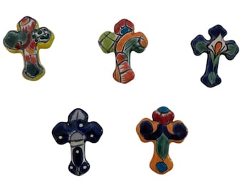 Set of 5 Hand-Painted Mexican Talavera Ceramic Cross Magnets – Colorful Artisan Decor # 111