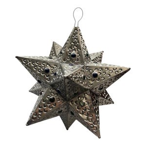 Handcrafted  Mexican Tin Star with Glass Marbles 13 Inches Silver Colored Moravian Lighted Folk Art Hand-Punched Metal Star
