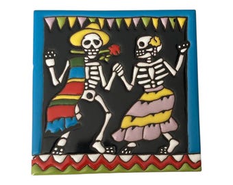 Handcrafted Day of the Dead Skeleton Tile Skull Couple Dancing Talavera Mexican Decorative Hand Painted 6x6 High Relief Ceramic Tile #3017