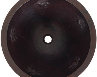 Round Hammered Copper Bathroom Sink 17" Bath Sink Pure Copper Hand Hammered Dark Palm Trees CPS-031