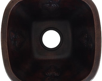 Square Hammered Copper Bar Sink 15" Pure Copper Prep Sink Hand Hammered Dark Grapes CPS-029