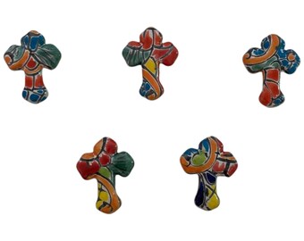 Set of 5 Hand-Painted Mexican Talavera Ceramic Cross Magnets – Colorful Artisan Decor # 114