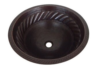 Round Hammered Copper Bathroom Sink 17" Bath Sink Pure Copper Hand Hammered Dark Braided CPS-041