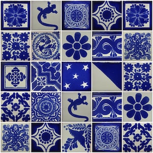 25 Hand Painted Mexican Talavera Tiles 2&quot; X 2&quot; Tiles Folk Art Handmade Blue and white