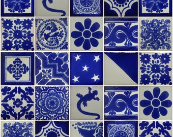 25 Hand Painted Mexican Talavera Tiles 2" X 2" Tiles Folk Art Handmade Blue and white