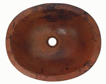 Mexican Copper Bathroom Sink Hand Hammered Oval Drop in  Stained Patina #01 16x13 Inches