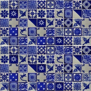 100 Hand Painted Mexican Talavera Tiles 2" X 2" Tiles Folk Art Handmade Blue and white