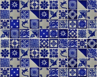 100 Hand Painted Mexican Talavera Tiles 2" X 2" Tiles Folk Art Handmade Blue and white