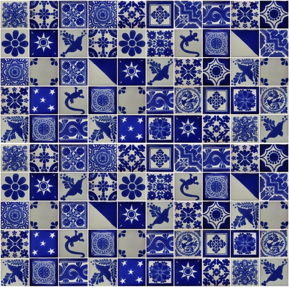 Handmade Mexican Talavera Tile - Blue & White Mosaic Backsplash, Decorative Clay Tile 13 thumbnail image