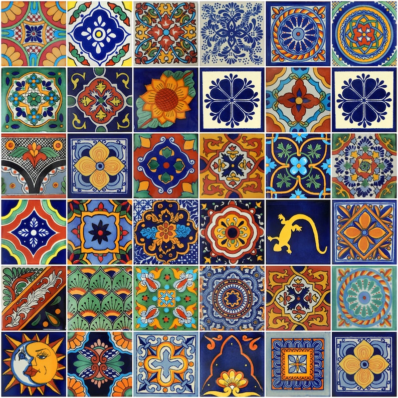 25 Pieces Mexican Talavera Tiles Handmade Mixed Designs Mexican Ceramic 4x4 image 1