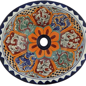17” X 14” Talavera Mexican Sink Hand Painted Drop-In Folk Art Bathroom Ceramic Sink Handmade #084