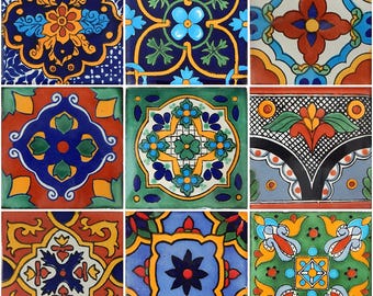 9 Handmade Mexican Talavera Tiles – 4x4” Ceramic Tiles – Vibrant & Hand-Painted # F40
