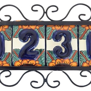 4 HOUSE NUMBER Tiles Mexican Talavera & Iron Frame High Relief House Number Sign Sunflower HR1