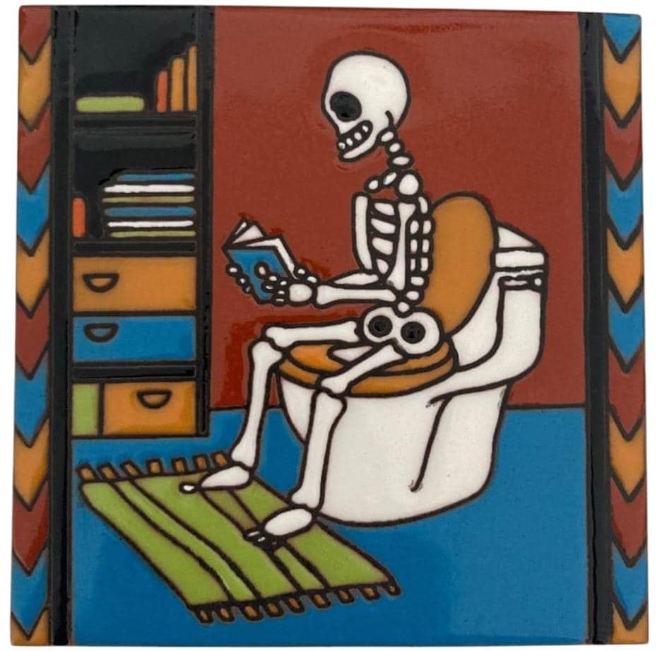 Handcrafted Day of the Dead Skeleton Tile Skull Reading on the Toilet Talavera Mexican Decorative Tile 6x6 High Relief Ceramic Tile  #3027