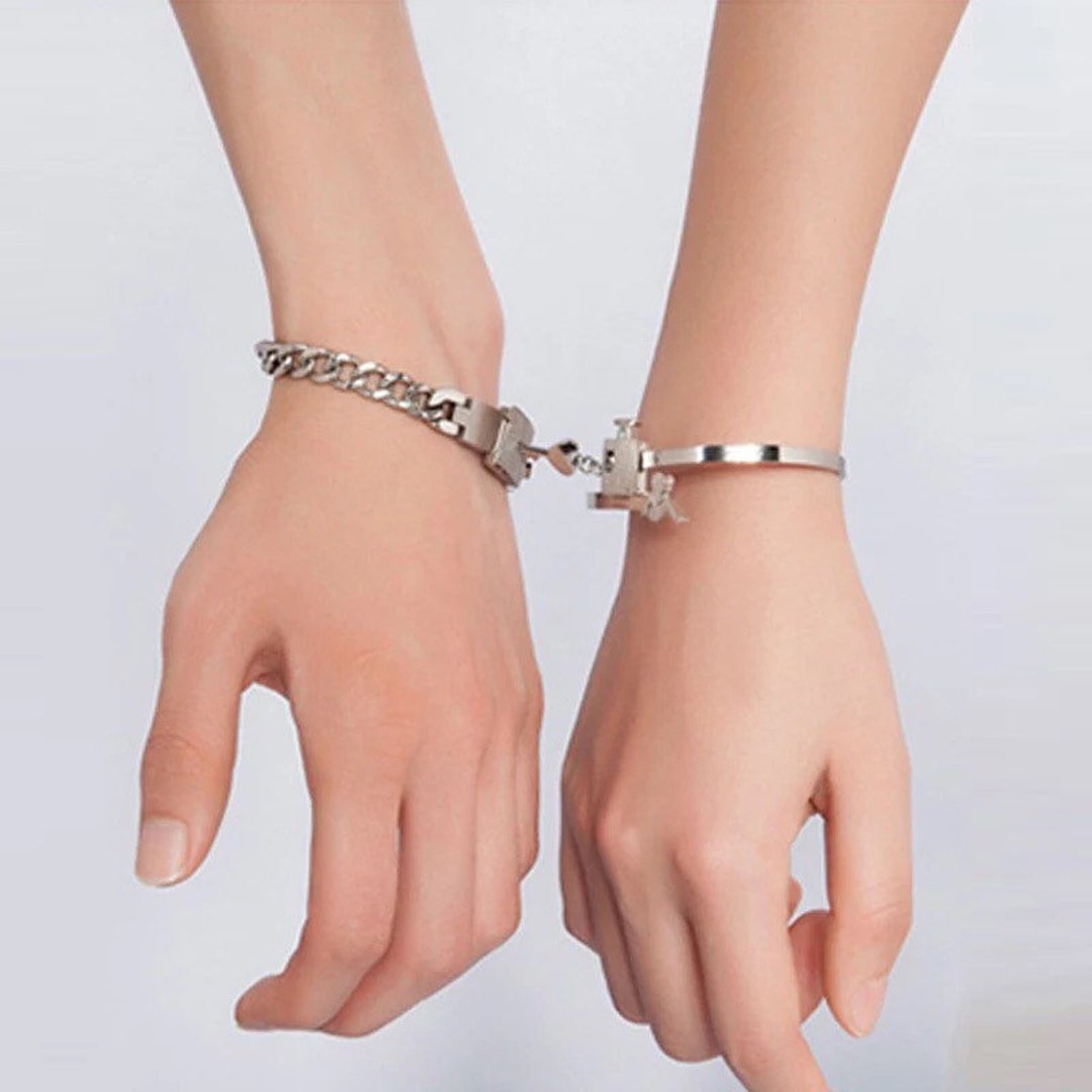 Titanium Puzzle Couple Heart Lock Key Couple Necklace Bracelet Lover  Jewelry Set