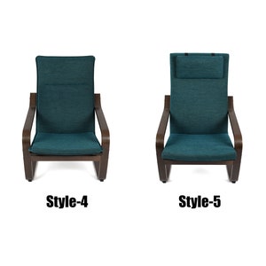 May include: Two teal blue upholstered chairs with dark brown wooden frames. The chair on the left has a simple design, while the chair on the right has a headrest. The chairs are labeled "Style-4" and "Style-5".