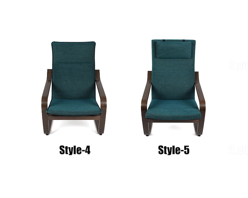 May include: Two teal blue upholstered chairs with dark brown wooden frames. The chair on the left has a simple design, while the chair on the right has a headrest. The chairs are labeled "Style-4" and "Style-5".