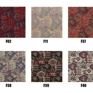 May include: Six square fabric samples with intricate geometric patterns in various colors. The samples include designs in red, orange, black, and beige, each with a unique arrangement. Each sample is labeled with a code: F02, F11, F37, F38, F39, and F40.