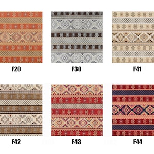 May include: Six different patterned fabric swatches with geometric designs in various colours, including red, blue, brown, beige, and grey. The swatches are labelled F20, F30, F41, F42, F43, and F44.
