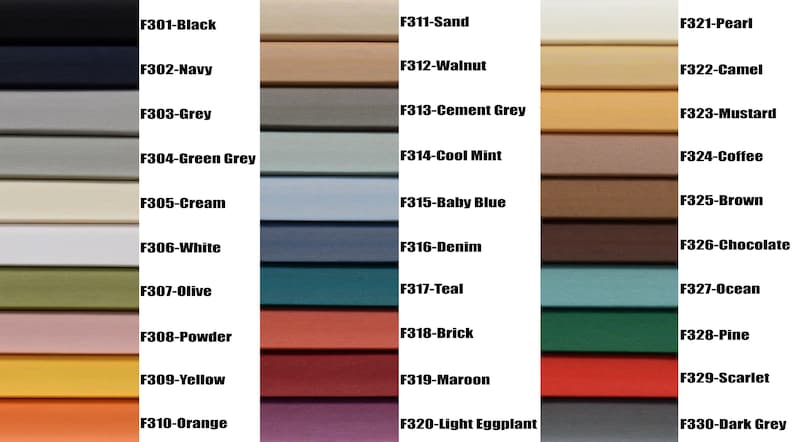 May include: A color chart with 30 fabric swatches, each labeled with a code and color name. The swatches are arranged in three columns, with 10 swatches in each column. The colors range from black to white, with shades of grey, blue, green, brown, and red.
