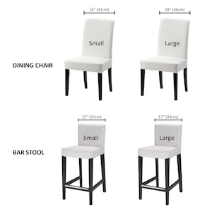 May include: Four white dining chairs and bar stools in two sizes, small and large. The chairs and stools have black legs and are shown from the front. The measurements are in inches and centimeters.