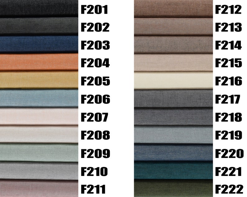 May include: A color chart showing 12 fabric swatches in various shades of gray, blue, green, brown, beige, and orange. The swatches are labeled with the numbers F201 through F211 on the left side and F212 through F222 on the right side.