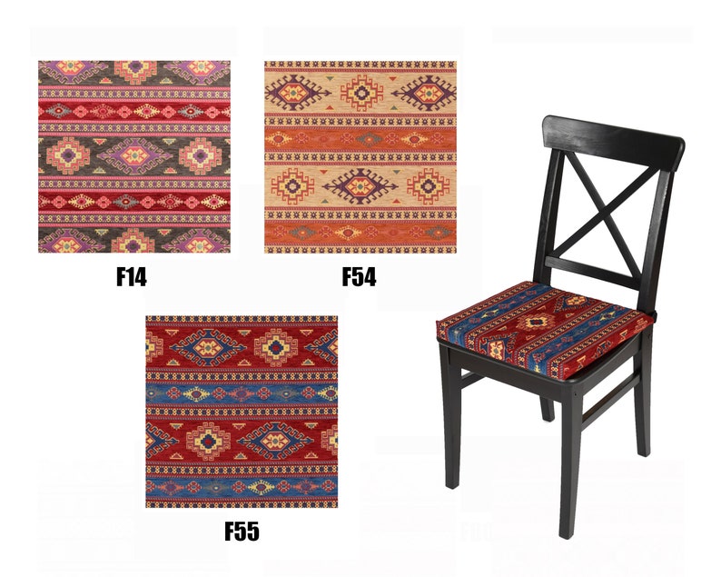 May include: Three different patterned chair cushions with geometric designs in shades of red, blue, brown, and beige. The cushions are labeled F14, F54, and F55.