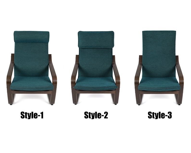 May include: Three teal blue upholstered chairs with dark brown wooden frames. The chairs have different styles of backrests. The chairs are arranged in a row from left to right, labeled "Style-1", "Style-2", and "Style-3".