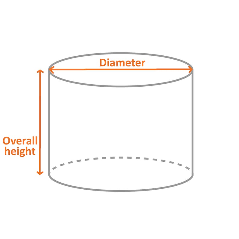 K&ouml;nnte beinhalten: Diagramm eines Zylinders mit den Bezeichnungen "Durchmesser" und "Gesamt H&ouml;he". Der Zylinder ist grau und die Beschriftungen sind orange.