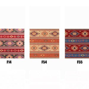 May include: Three different patterned rugs with geometric designs in shades of red, blue, orange, brown, and beige. The rugs have a traditional, tribal, or southwestern style.