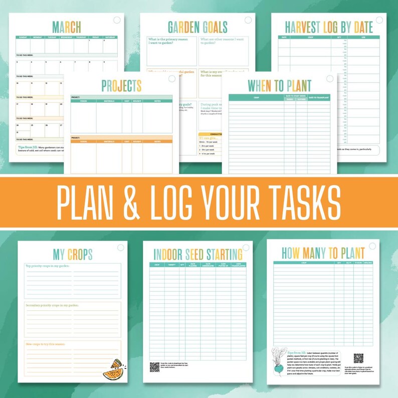 May include: Printable garden planner with a green and orange colour scheme. The planner includes pages for March calendar, projects, garden goals, harvest log by date, when to plant, my crops, indoor seed starting, and how many to plant.