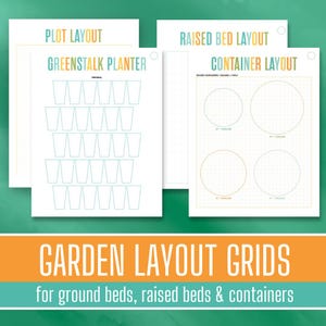 May include: Printable garden layout grids for planning ground beds, raised beds, and containers. The grids feature a variety of sizes and shapes, including circles and squares. The grids are printed on white paper with a light blue and green colour scheme.