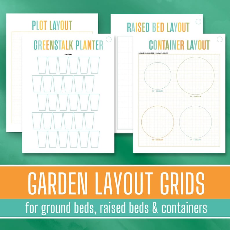 May include: Printable garden layout grids for planning ground beds, raised beds, and containers. The grids feature a variety of sizes and shapes, including circles and squares. The grids are printed on white paper with a light blue and green colour scheme.